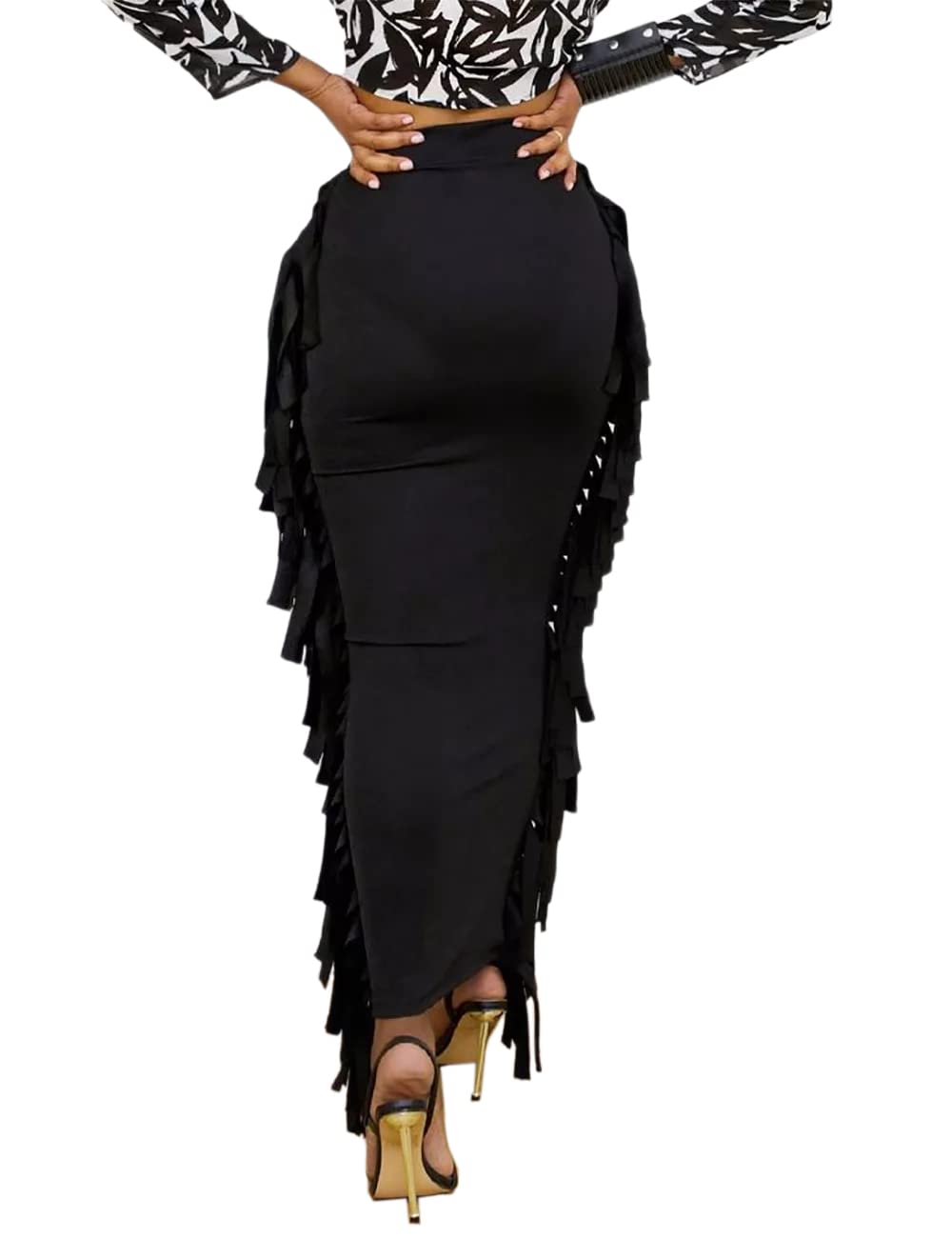 Lrady Women Fringe High Waist Bodycon Side Tassels Pencil Maxi Skirt Casual Party Club Long Skirts Black XXL