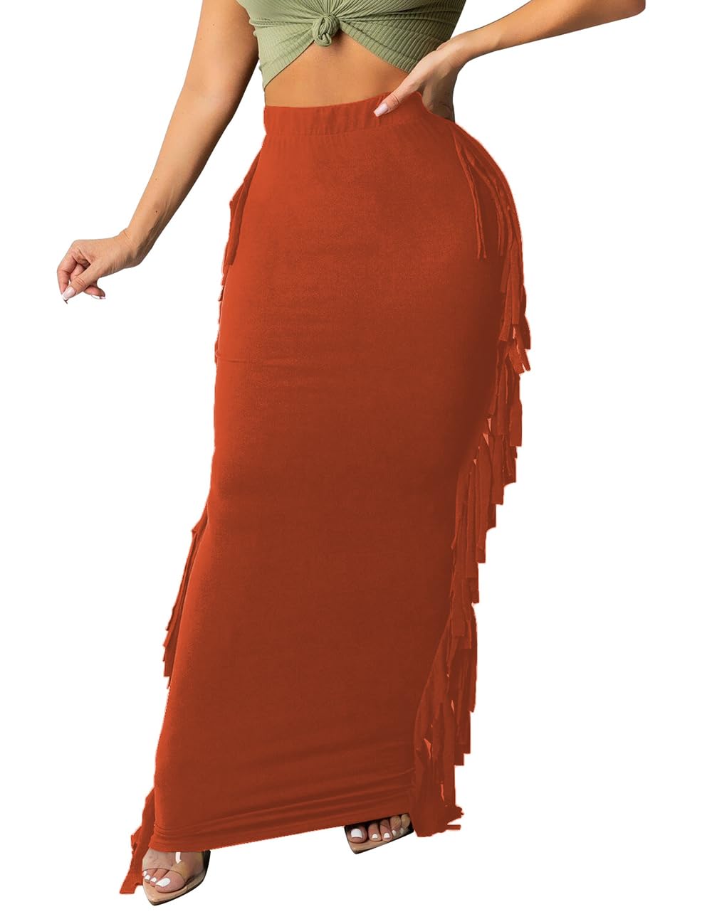 Lrady Women Fringe High Waist Bodycon Side Tassels Pencil Maxi Skirt Casual Party Club Long Skirts Black XXL