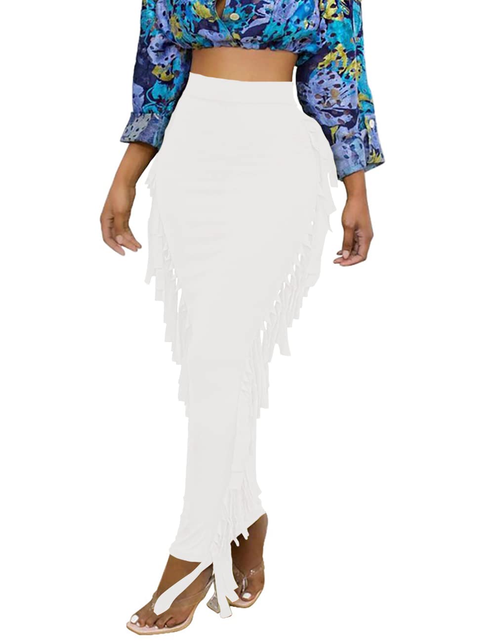 Lrady Women Fringe High Waist Bodycon Side Tassels Pencil Maxi Skirt Casual Party Club Long Skirts Black XXL