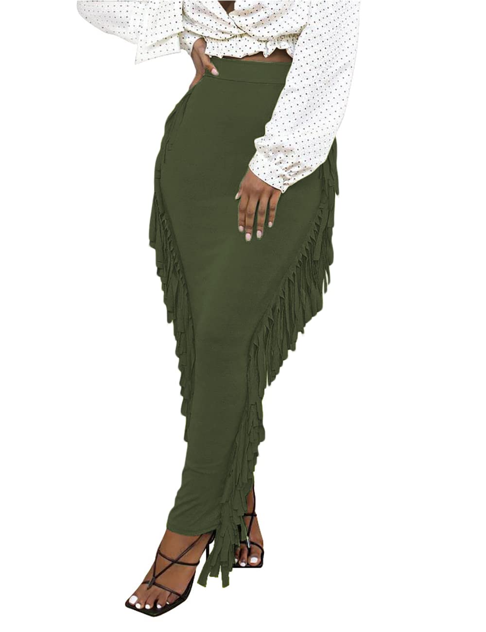 Lrady Women Fringe High Waist Bodycon Side Tassels Pencil Maxi Skirt Casual Party Club Long Skirts Black XXL