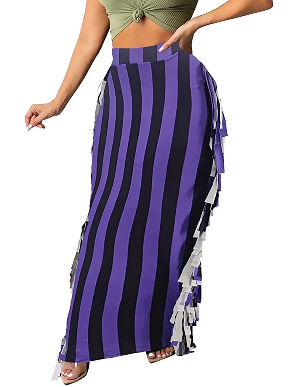 Lrady Women Fringe High Waist Bodycon Side Tassels Pencil Maxi Skirt Casual Party Club Long Skirts Black XXL