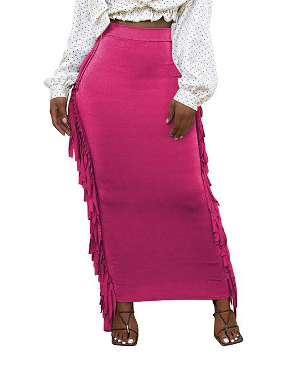 Lrady Women Fringe High Waist Bodycon Side Tassels Pencil Maxi Skirt Casual Party Club Long Skirts Black XXL