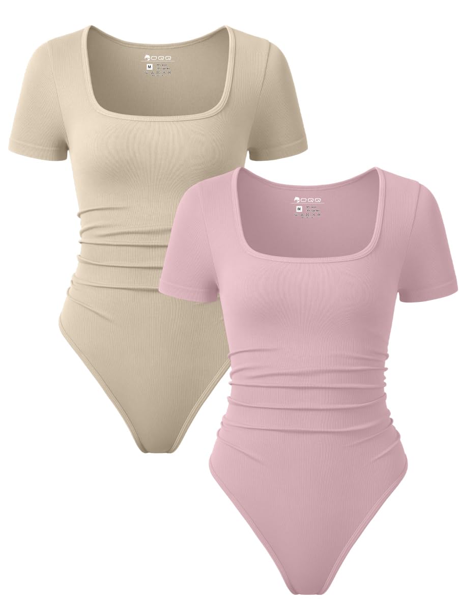 OQQ Women 2 Piece Bodysuits Sexy Ribbed Rueched Stretch Short Sleeve Square Neck Basic Shirts Bodysuits Black Tea leaf