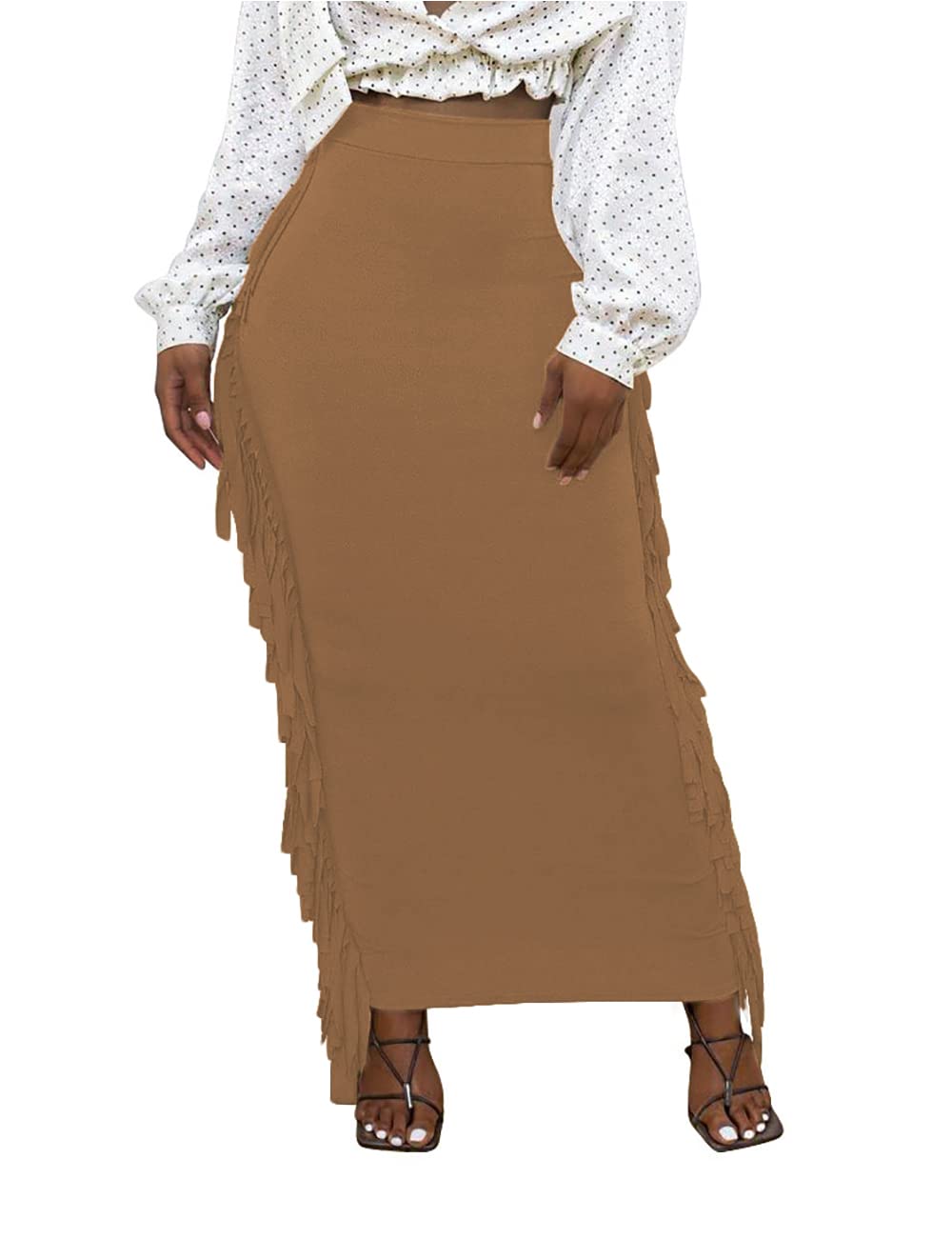 Lrady Women Fringe High Waist Bodycon Side Tassels Pencil Maxi Skirt Casual Party Club Long Skirts Black XXL