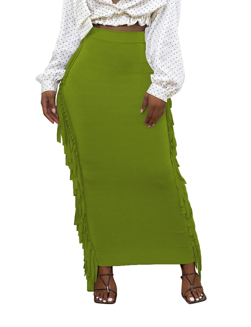 Lrady Women Fringe High Waist Bodycon Side Tassels Pencil Maxi Skirt Casual Party Club Long Skirts Black XXL
