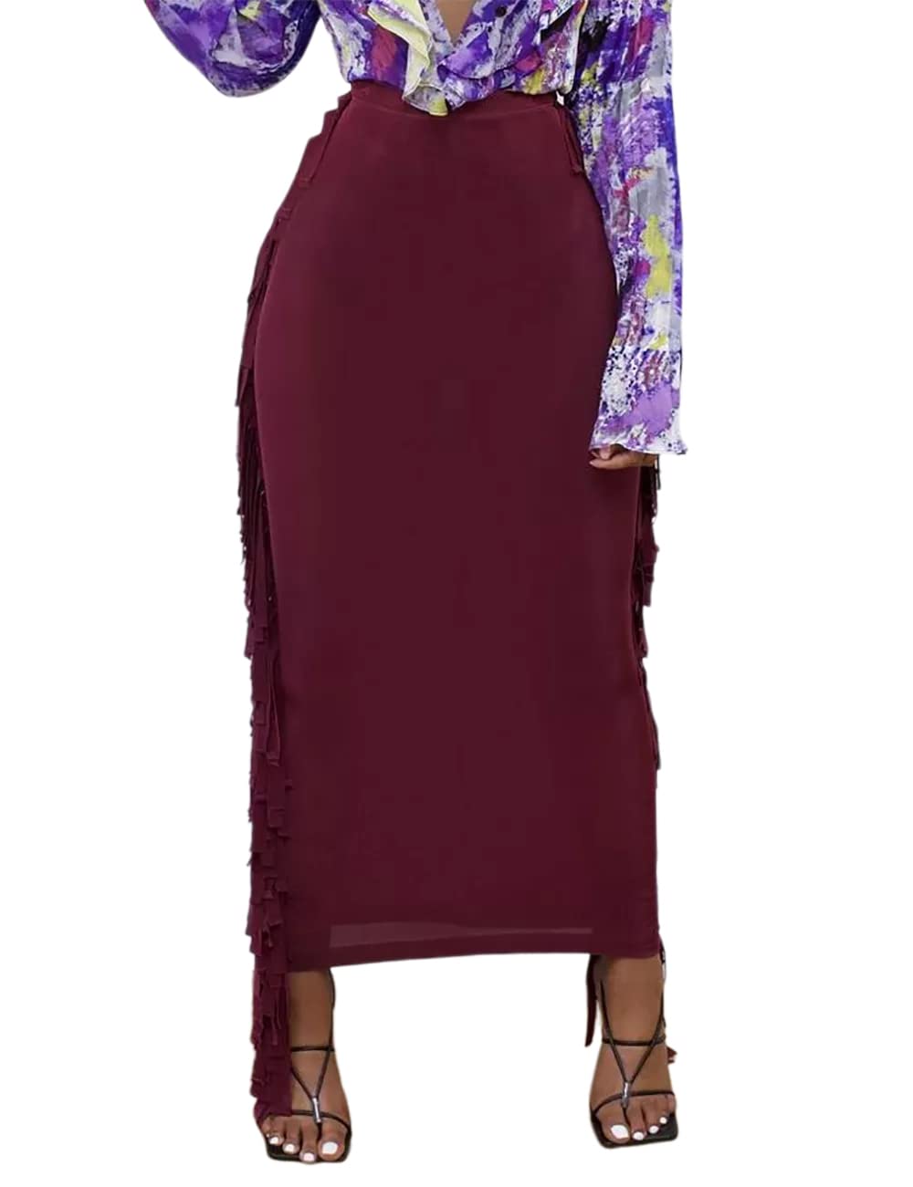 Lrady Women Fringe High Waist Bodycon Side Tassels Pencil Maxi Skirt Casual Party Club Long Skirts Black XXL