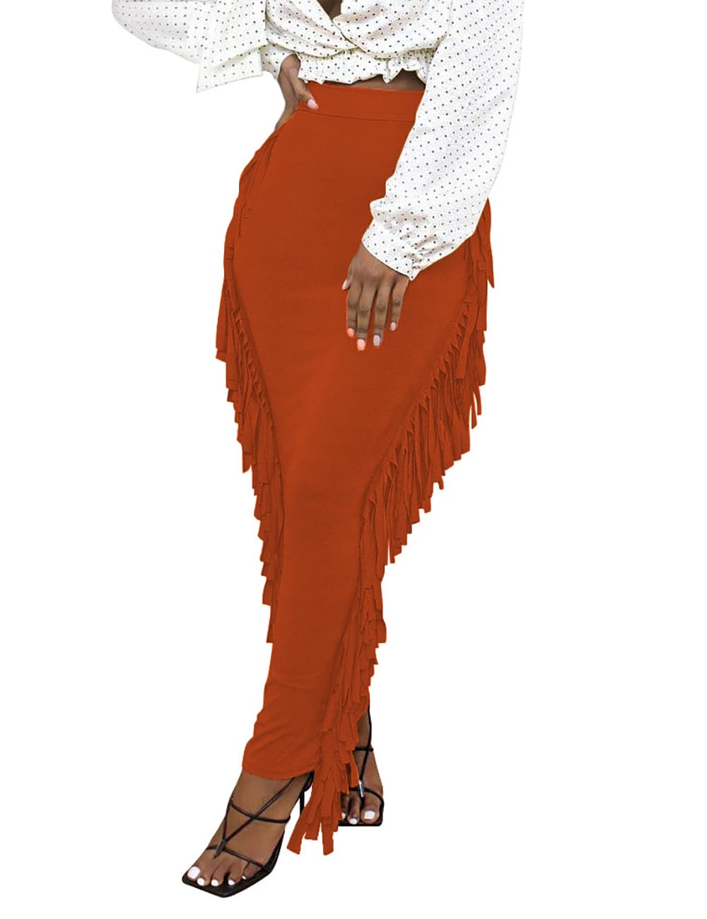 Lrady Women Fringe High Waist Bodycon Side Tassels Pencil Maxi Skirt Casual Party Club Long Skirts Black XXL