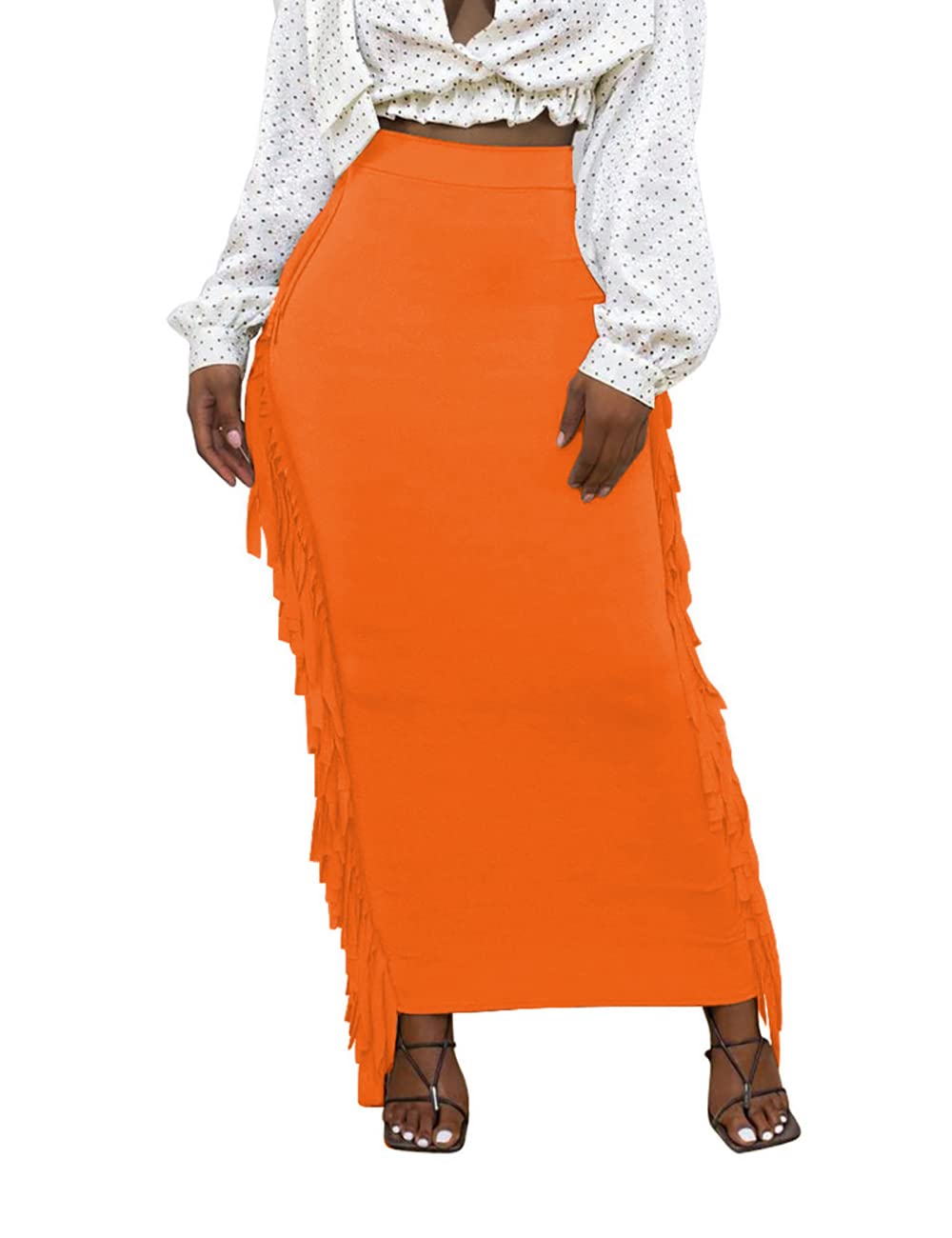 Lrady Women Fringe High Waist Bodycon Side Tassels Pencil Maxi Skirt Casual Party Club Long Skirts Black XXL