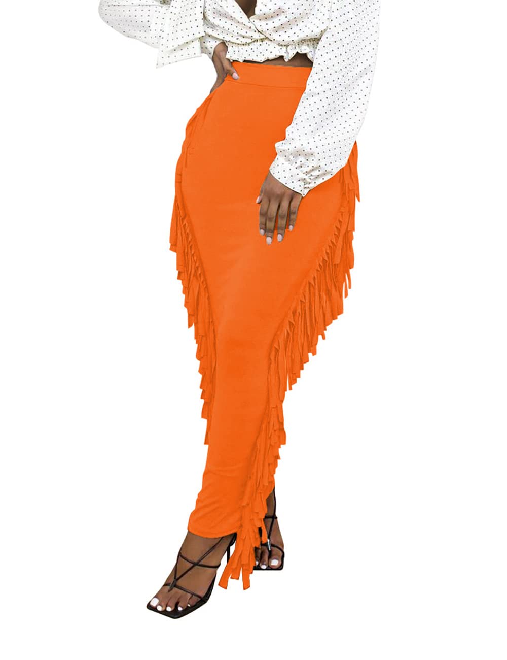 Lrady Women Fringe High Waist Bodycon Side Tassels Pencil Maxi Skirt Casual Party Club Long Skirts Black XXL
