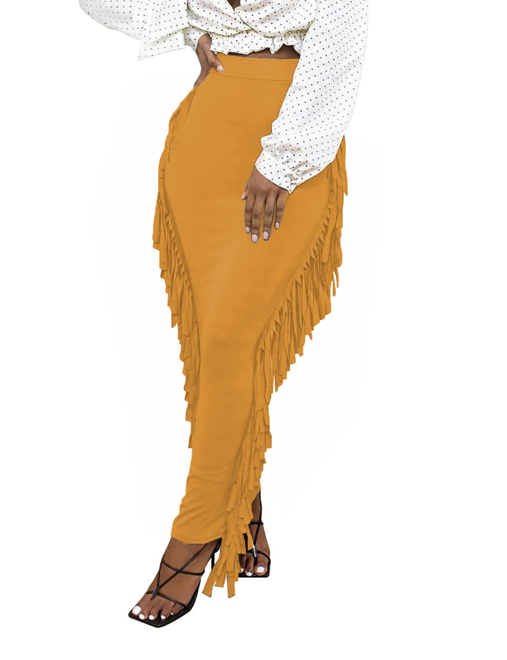 Lrady Women Fringe High Waist Bodycon Side Tassels Pencil Maxi Skirt Casual Party Club Long Skirts Black XXL