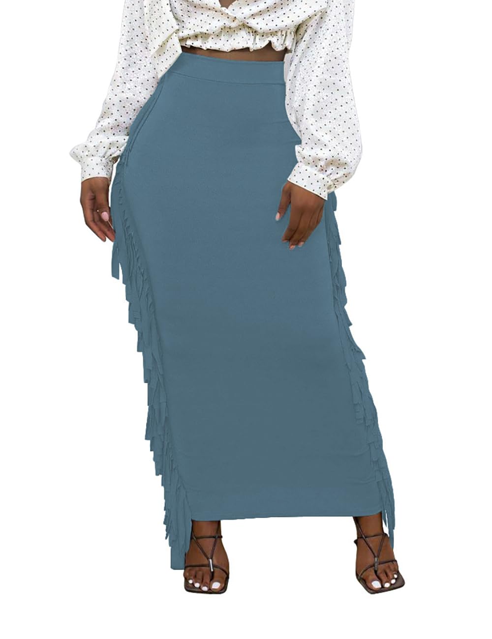 Lrady Women Fringe High Waist Bodycon Side Tassels Pencil Maxi Skirt Casual Party Club Long Skirts Black XXL