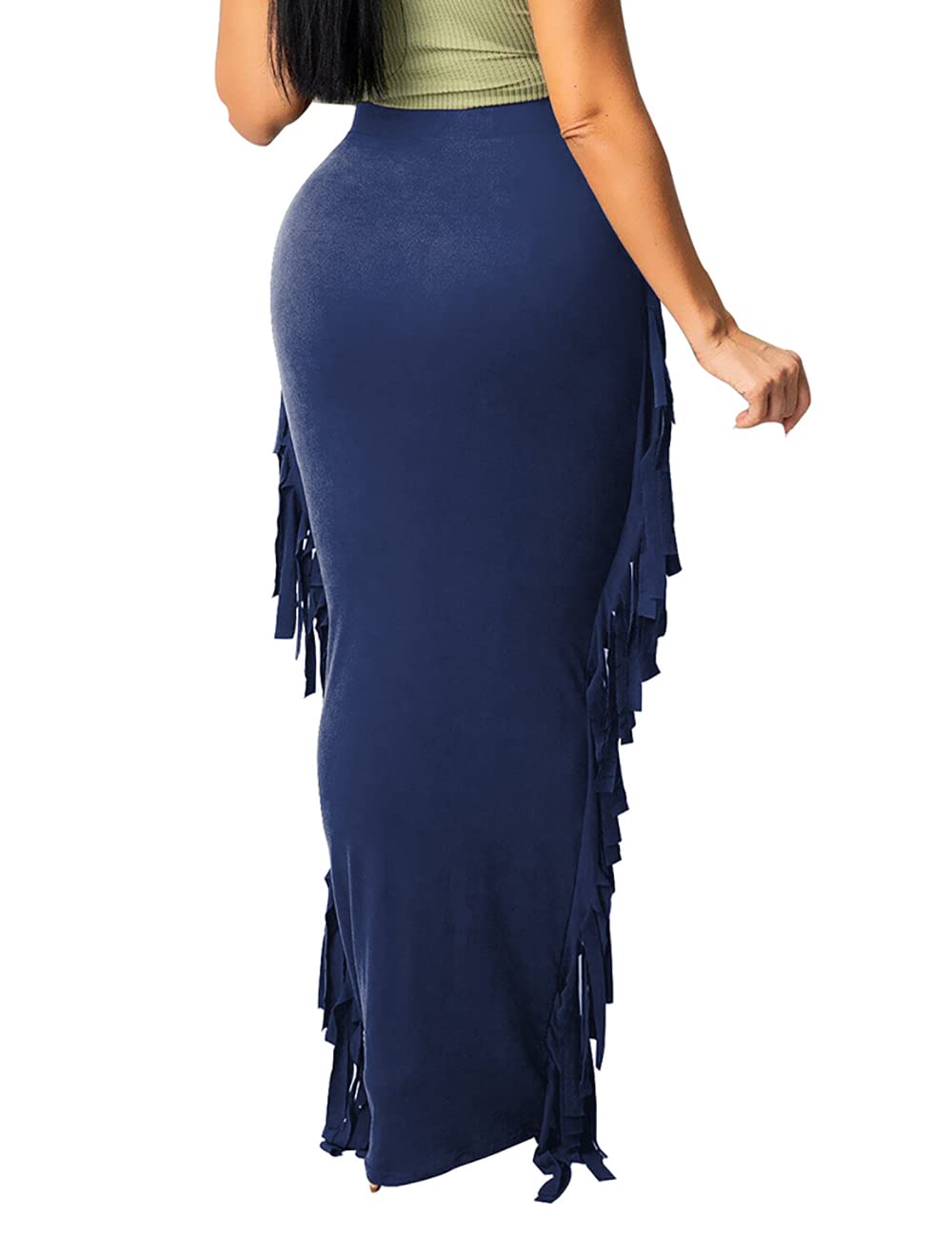 Lrady Women Fringe High Waist Bodycon Side Tassels Pencil Maxi Skirt Casual Party Club Long Skirts Black XXL