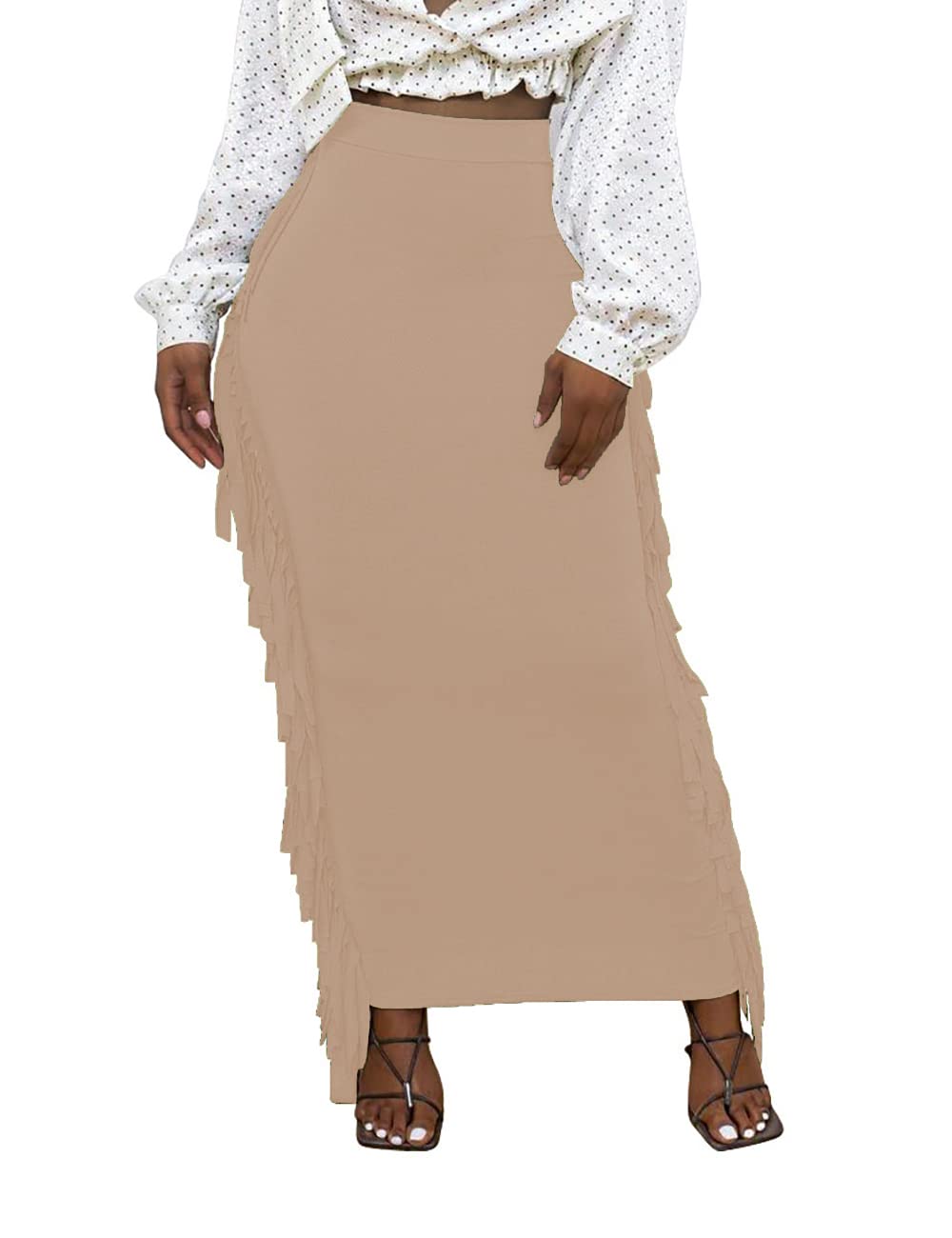 Lrady Women Fringe High Waist Bodycon Side Tassels Pencil Maxi Skirt Casual Party Club Long Skirts Black XXL