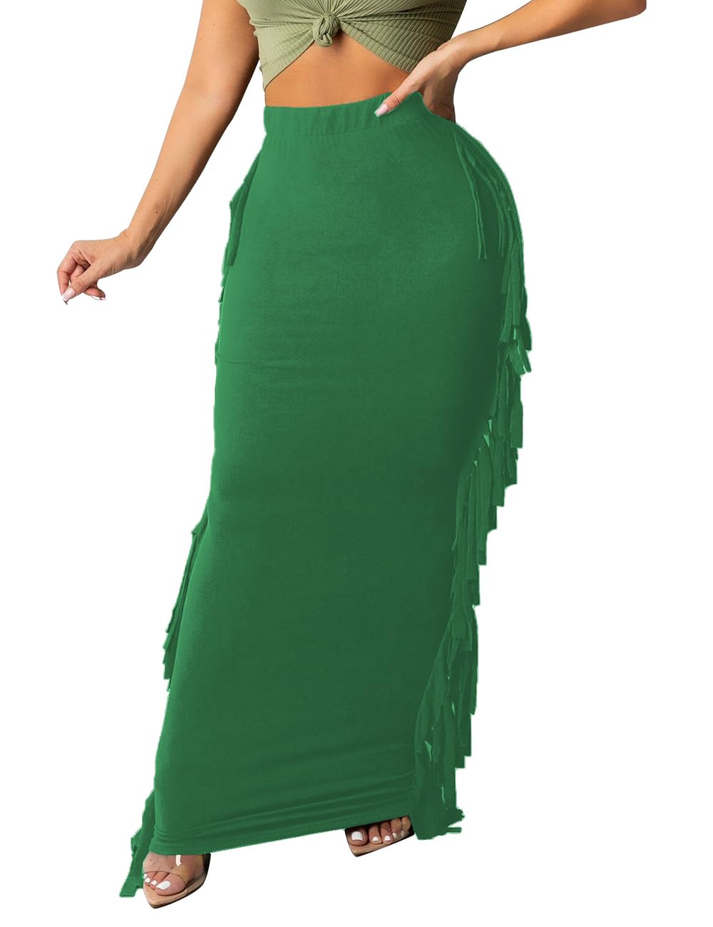 Lrady Women Fringe High Waist Bodycon Side Tassels Pencil Maxi Skirt Casual Party Club Long Skirts Black XXL