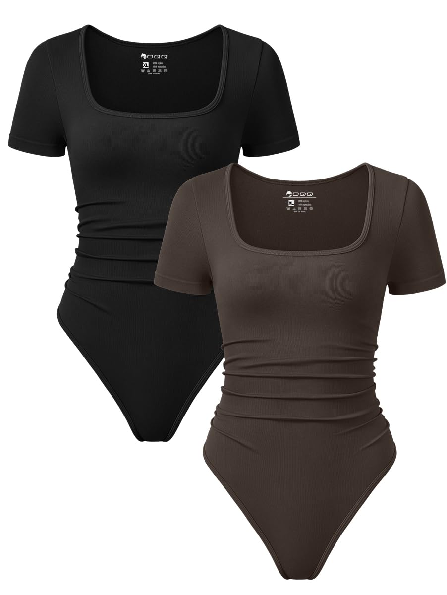 OQQ Women 2 Piece Bodysuits Sexy Ribbed Rueched Stretch Short Sleeve Square Neck Basic Shirts Bodysuits Black Tea leaf