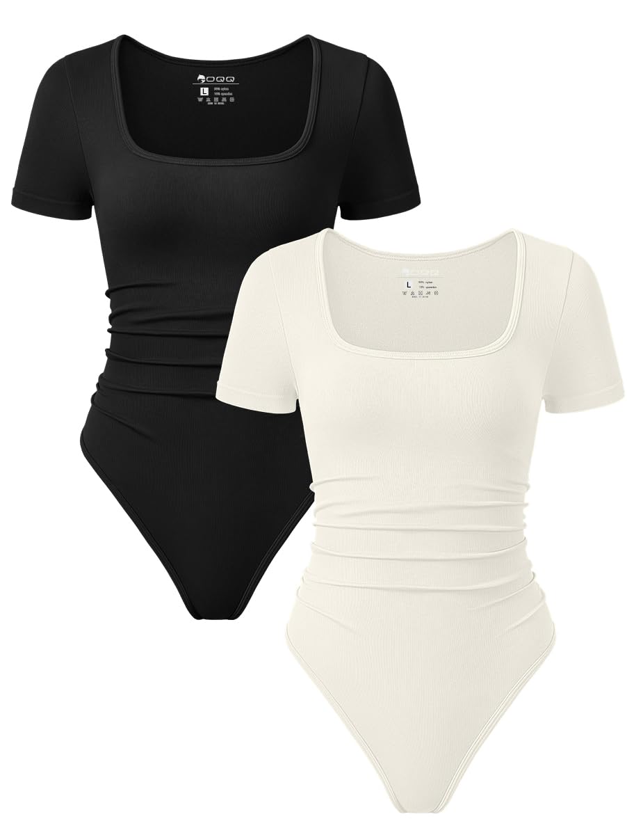 OQQ Women 2 Piece Bodysuits Sexy Ribbed Rueched Stretch Short Sleeve Square Neck Basic Shirts Bodysuits Black Tea leaf