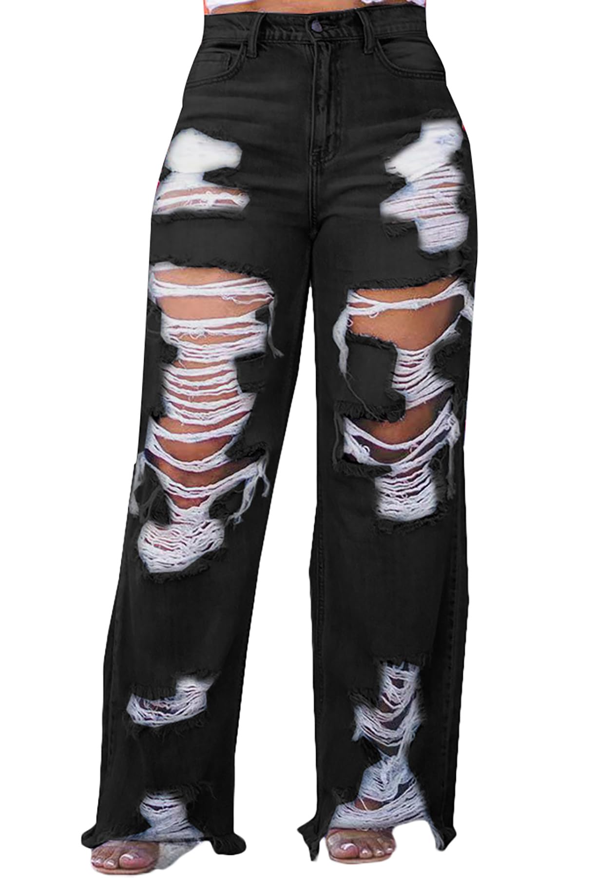 SHINFY Women's Ripped Jeans Distressed Cutout High Waisted Baggy Straight Wide Leg Y2K Denim Pants Light Blue
