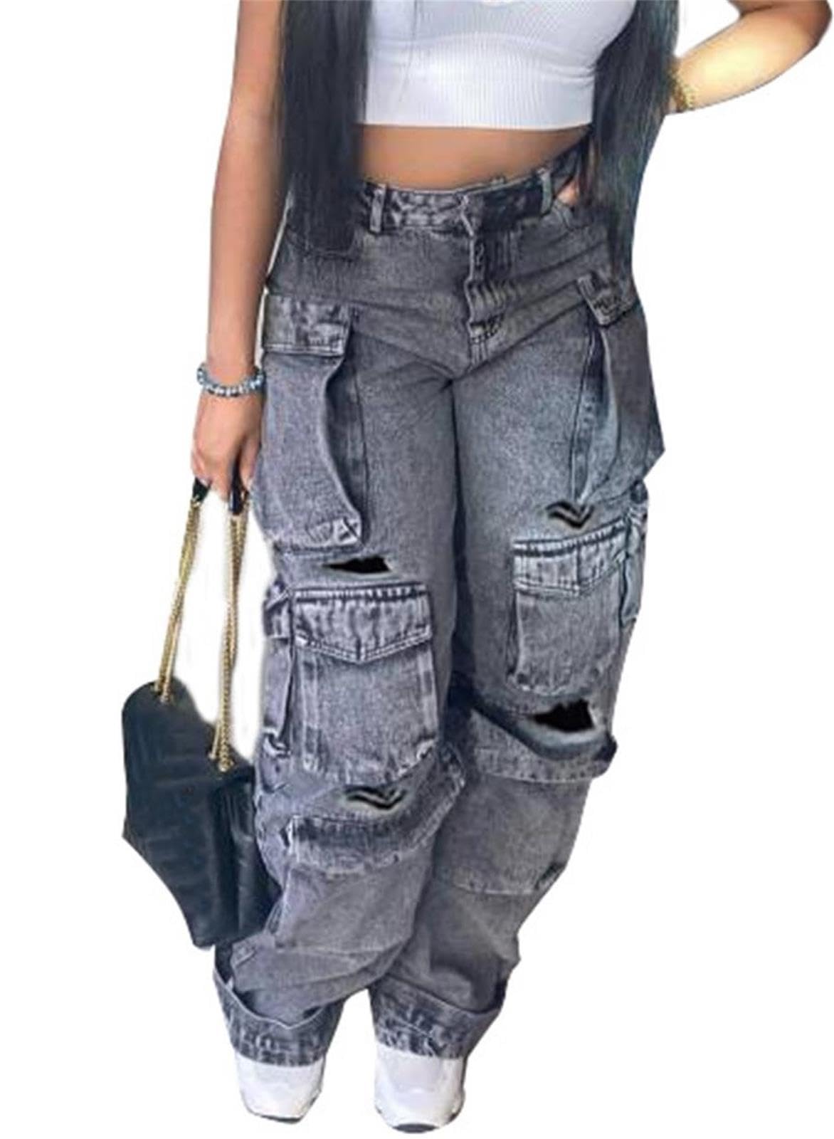Lucuna Women's Cargo Pants Y2K High Waist Baggy Jeans Flap Pocket Loose Denim Pants Streetwear