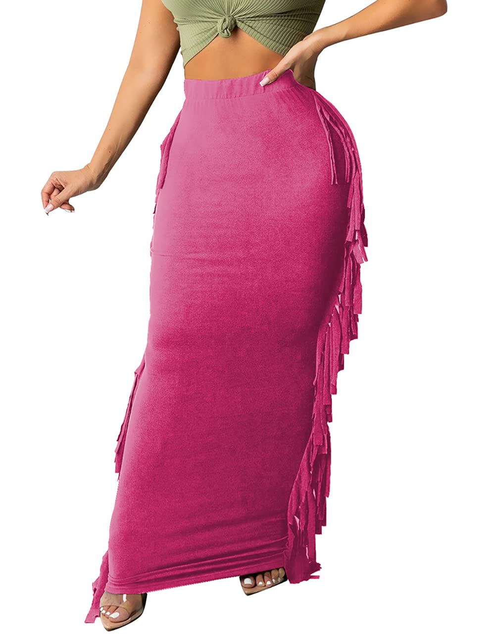 Lrady Women Fringe High Waist Bodycon Side Tassels Pencil Maxi Skirt Casual Party Club Long Skirts Black XXL