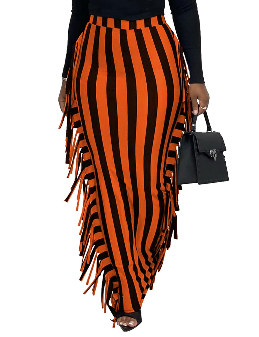 Lrady Women Fringe High Waist Bodycon Side Tassels Pencil Maxi Skirt Casual Party Club Long Skirts Black XXL