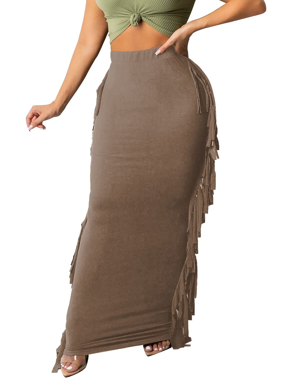 Lrady Women Fringe High Waist Bodycon Side Tassels Pencil Maxi Skirt Casual Party Club Long Skirts Black XXL