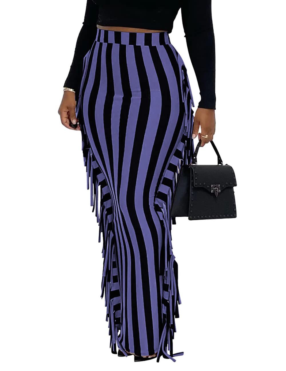 Lrady Women Fringe High Waist Bodycon Side Tassels Pencil Maxi Skirt Casual Party Club Long Skirts Black XXL