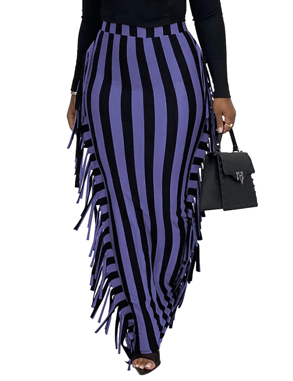 Lrady Women Fringe High Waist Bodycon Side Tassels Pencil Maxi Skirt Casual Party Club Long Skirts Black XXL