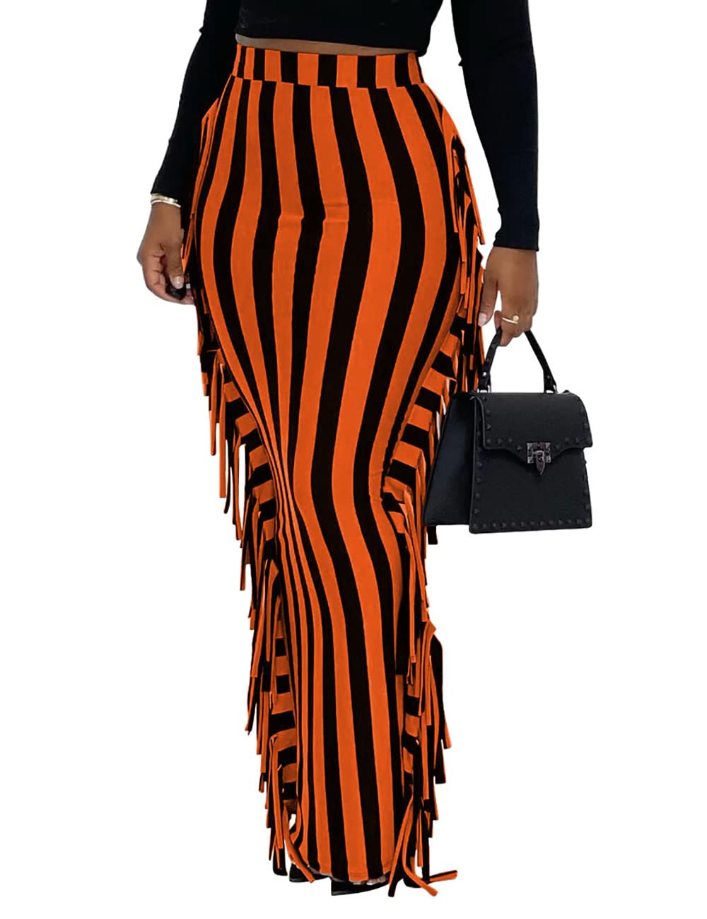 Lrady Women Fringe High Waist Bodycon Side Tassels Pencil Maxi Skirt Casual Party Club Long Skirts Black XXL