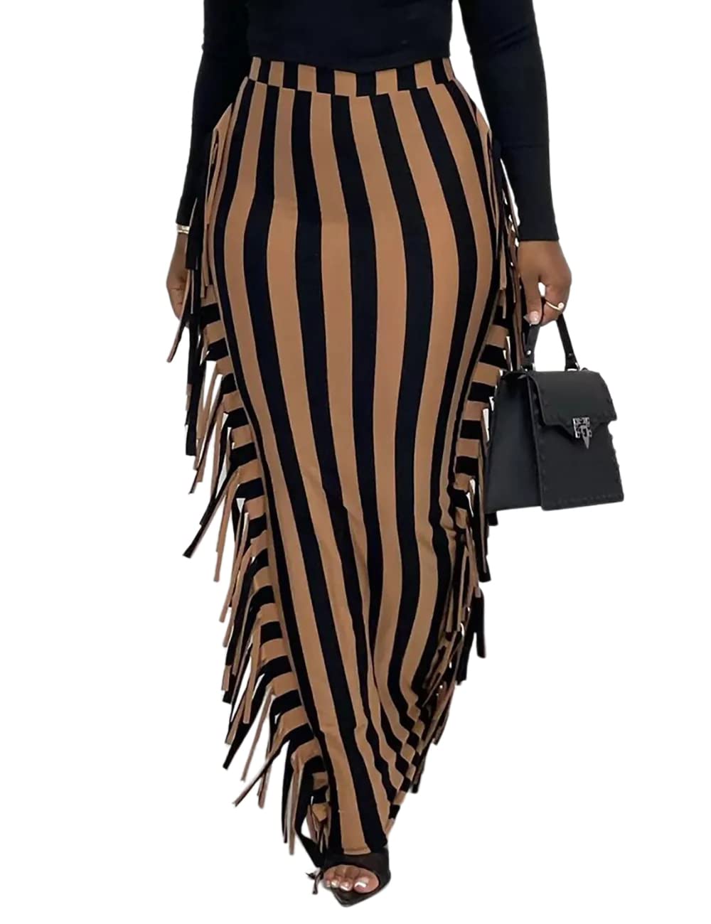 Lrady Women Fringe High Waist Bodycon Side Tassels Pencil Maxi Skirt Casual Party Club Long Skirts Black XXL