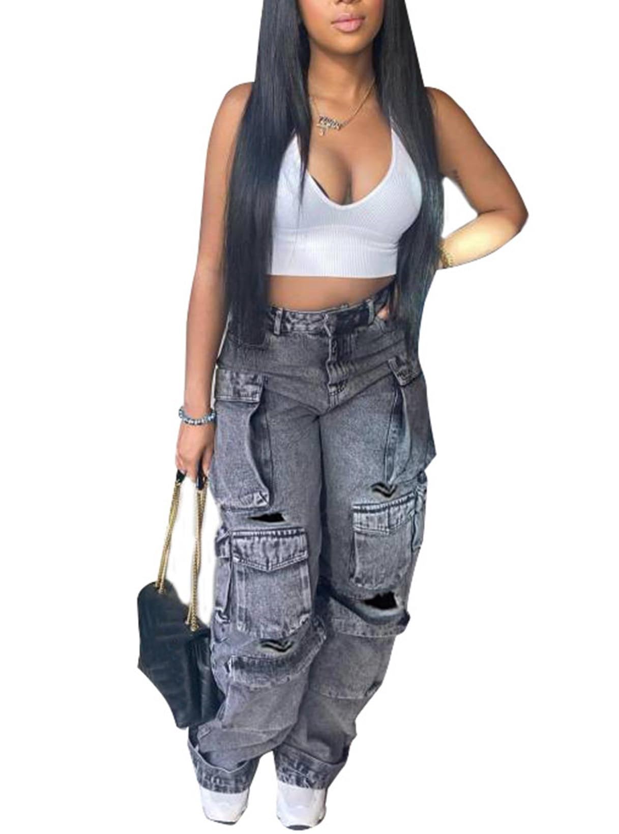 Lucuna Women's Cargo Pants Y2K High Waist Baggy Jeans Flap Pocket Loose Denim Pants Streetwear