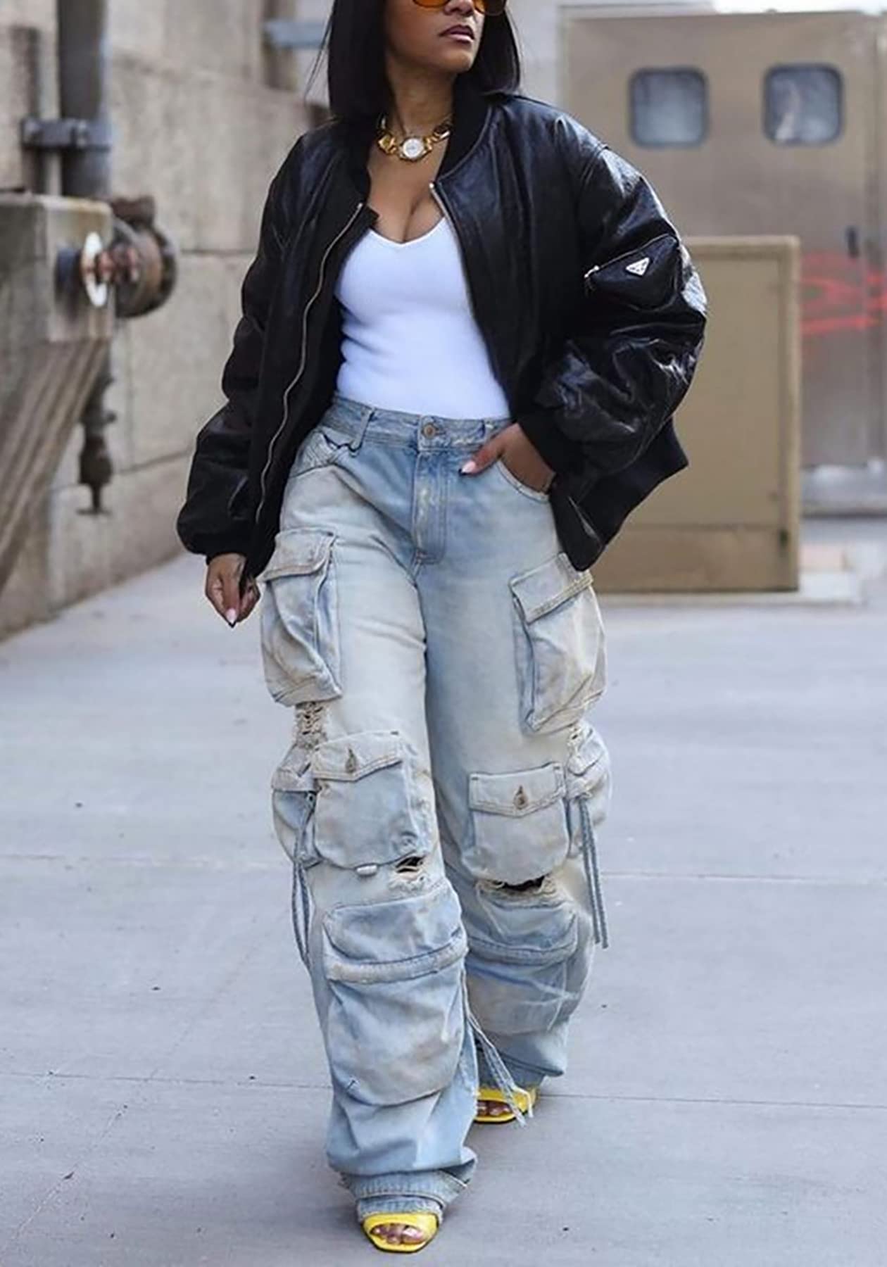 Lucuna Women's Cargo Pants Y2K High Waist Baggy Jeans Flap Pocket Loose Denim Pants Streetwear