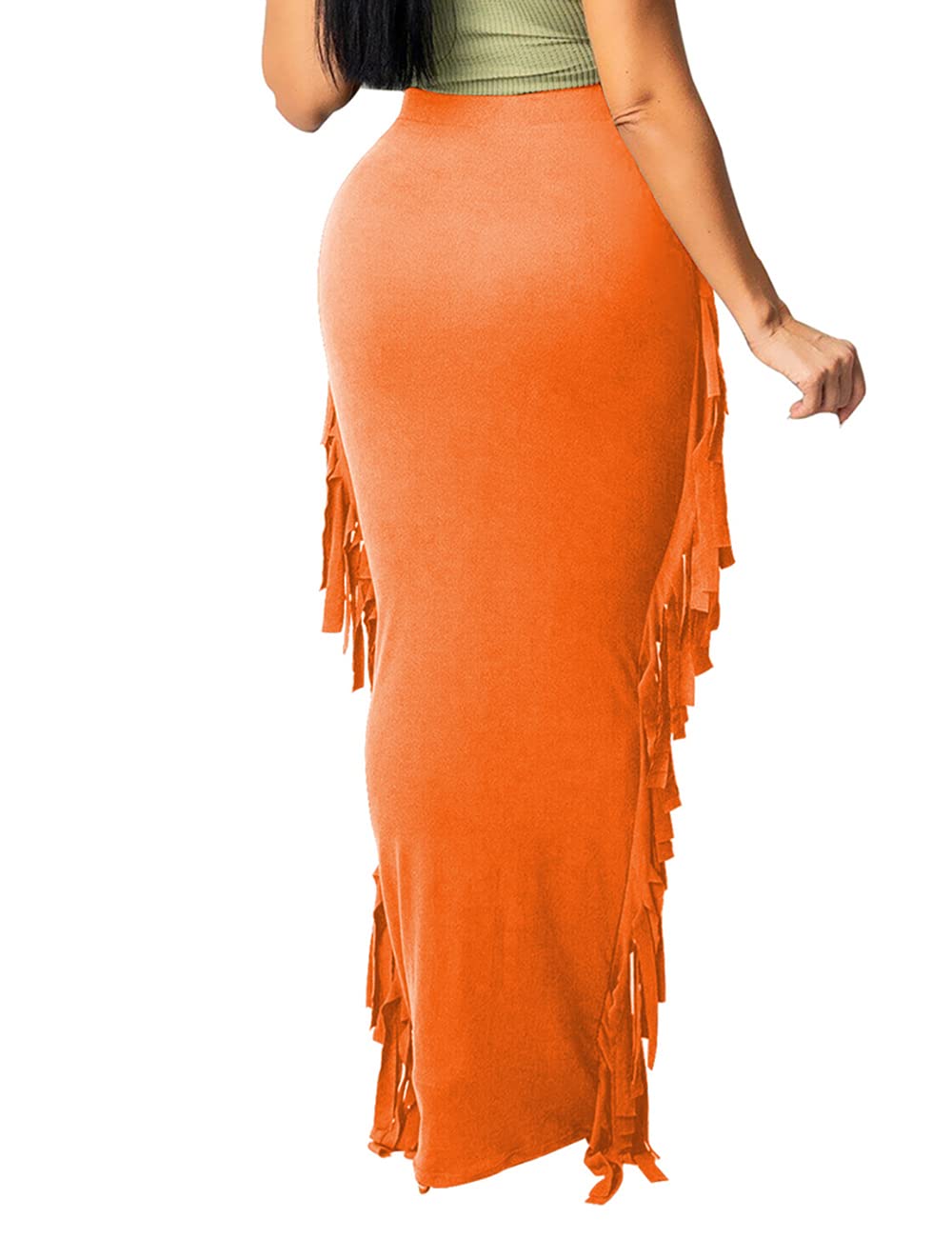 Lrady Women Fringe High Waist Bodycon Side Tassels Pencil Maxi Skirt Casual Party Club Long Skirts Black XXL