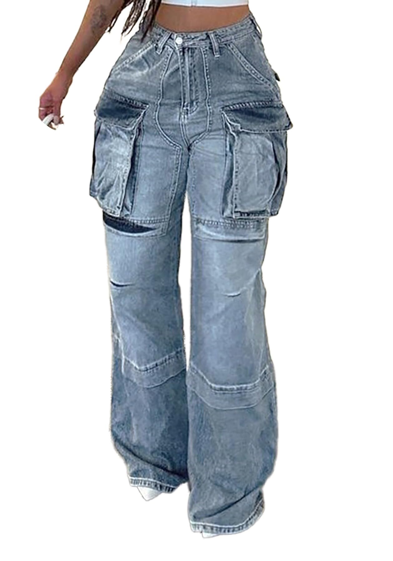 Lucuna Women's Cargo Pants Y2K High Waist Baggy Jeans Flap Pocket Loose Denim Pants Streetwear