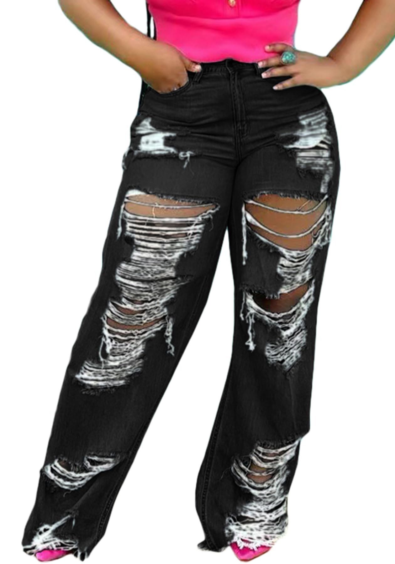 SHINFY Women's Ripped Jeans Distressed Cutout High Waisted Baggy Straight Wide Leg Y2K Denim Pants Light Blue