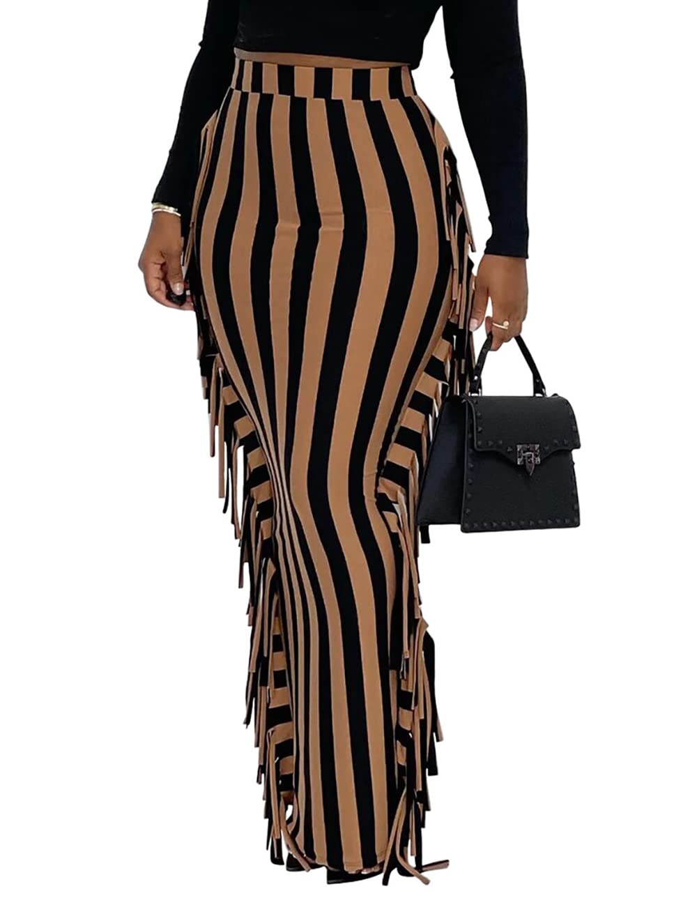 Lrady Women Fringe High Waist Bodycon Side Tassels Pencil Maxi Skirt Casual Party Club Long Skirts Black XXL