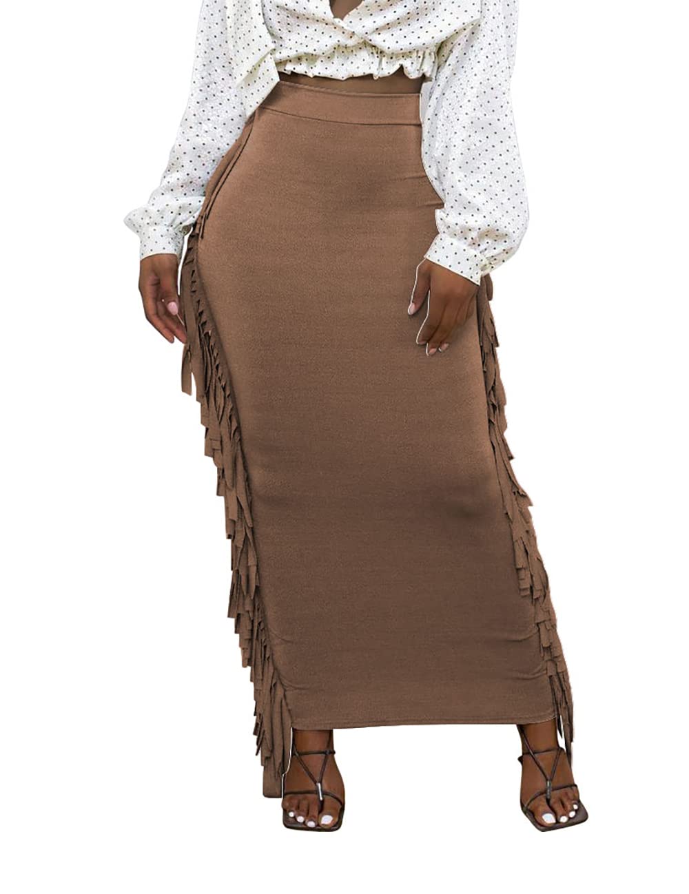 Lrady Women Fringe High Waist Bodycon Side Tassels Pencil Maxi Skirt Casual Party Club Long Skirts Black XXL