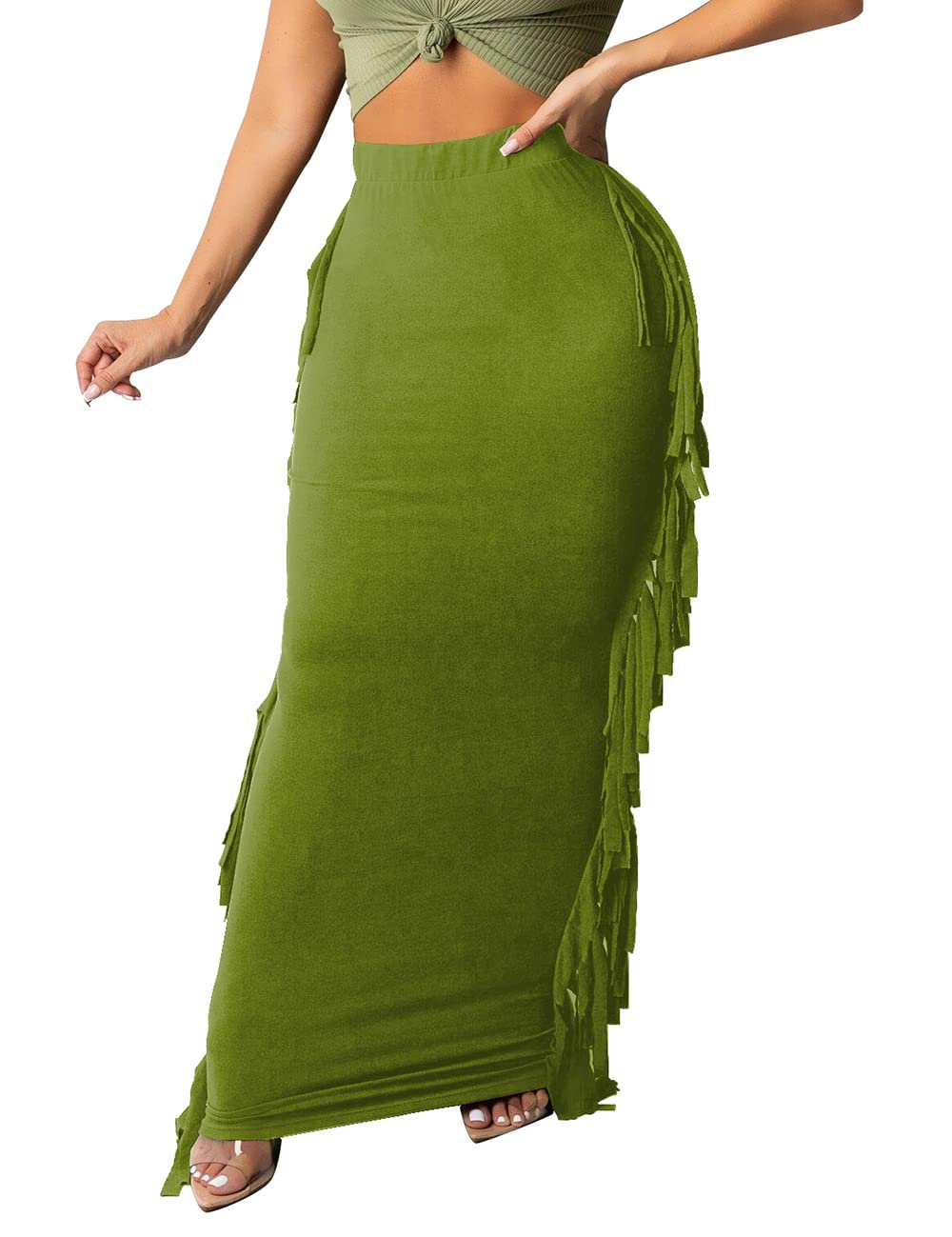 Lrady Women Fringe High Waist Bodycon Side Tassels Pencil Maxi Skirt Casual Party Club Long Skirts Black XXL