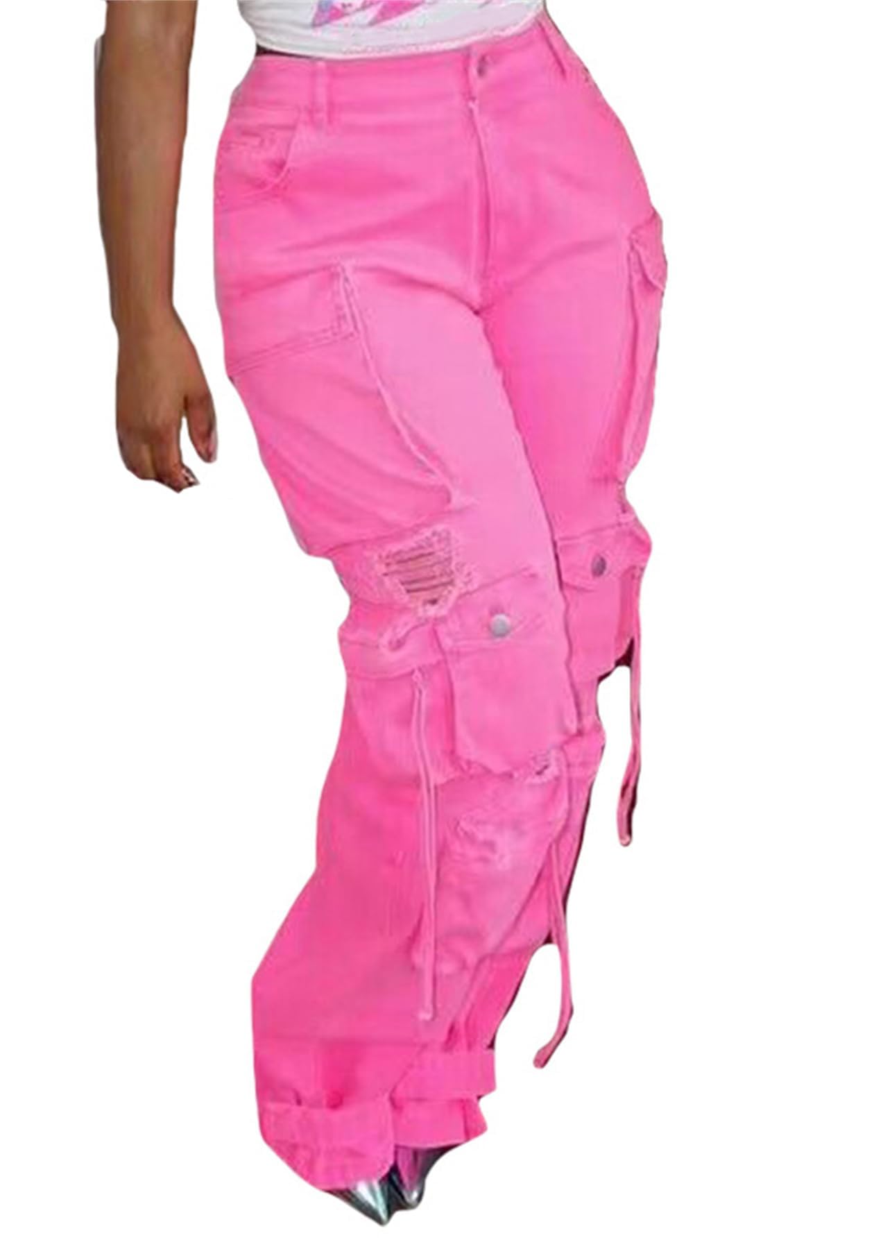 Lucuna Women's Cargo Pants Y2K High Waist Baggy Jeans Flap Pocket Loose Denim Pants Streetwear