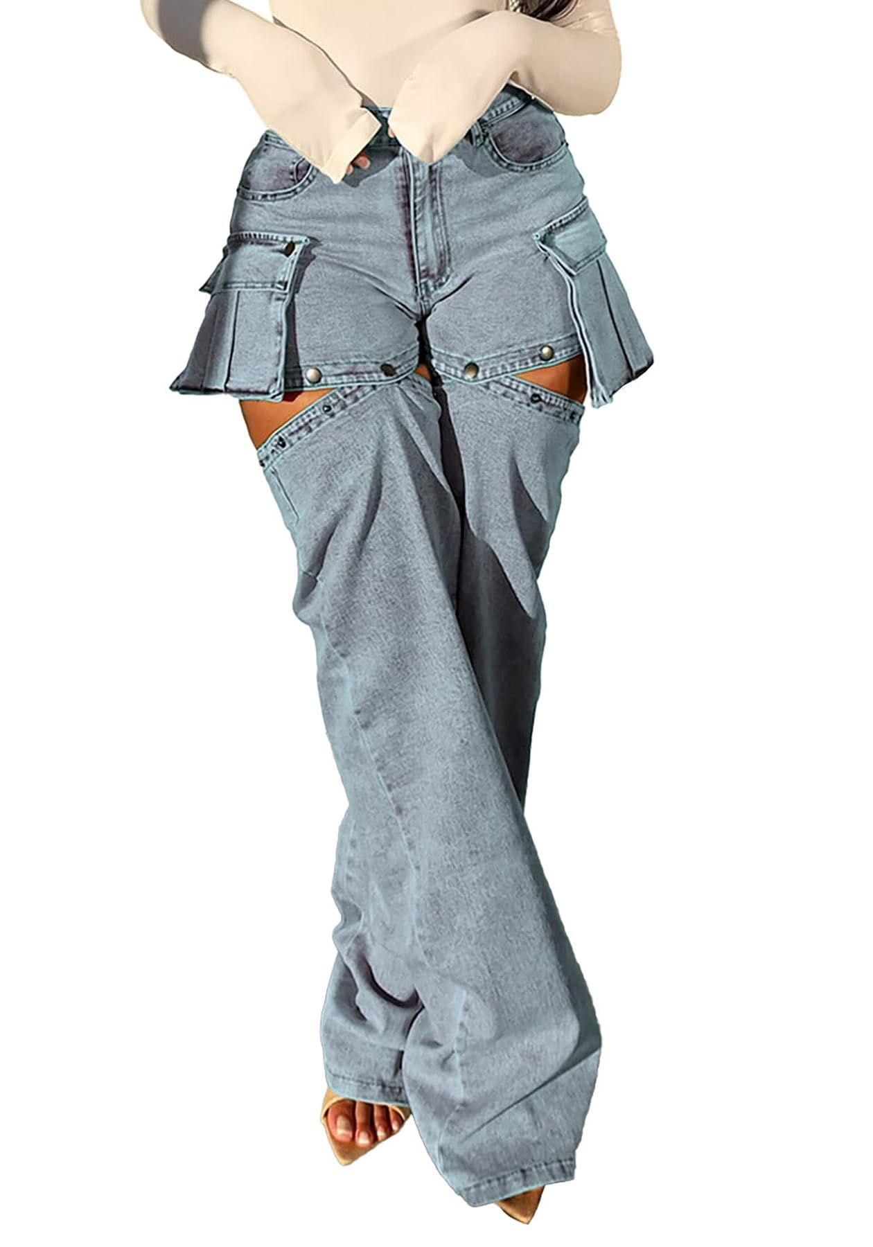 Lucuna Women's Cargo Pants Y2K High Waist Baggy Jeans Flap Pocket Loose Denim Pants Streetwear