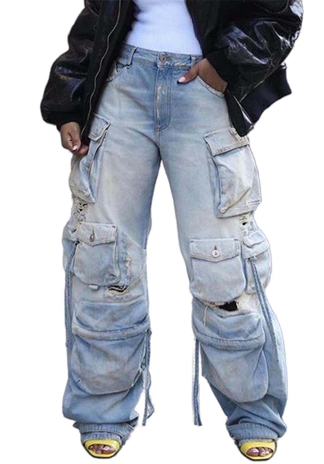 Lucuna Women's Cargo Pants Y2K High Waist Baggy Jeans Flap Pocket Loose Denim Pants Streetwear