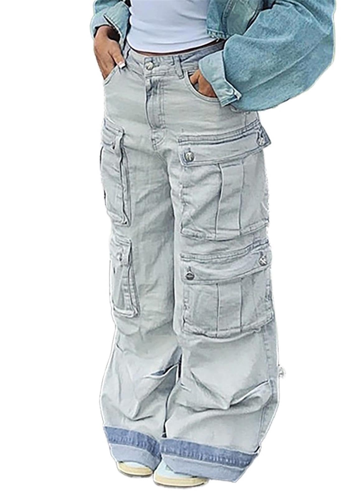 Lucuna Women's Cargo Pants Y2K High Waist Baggy Jeans Flap Pocket Loose Denim Pants Streetwear