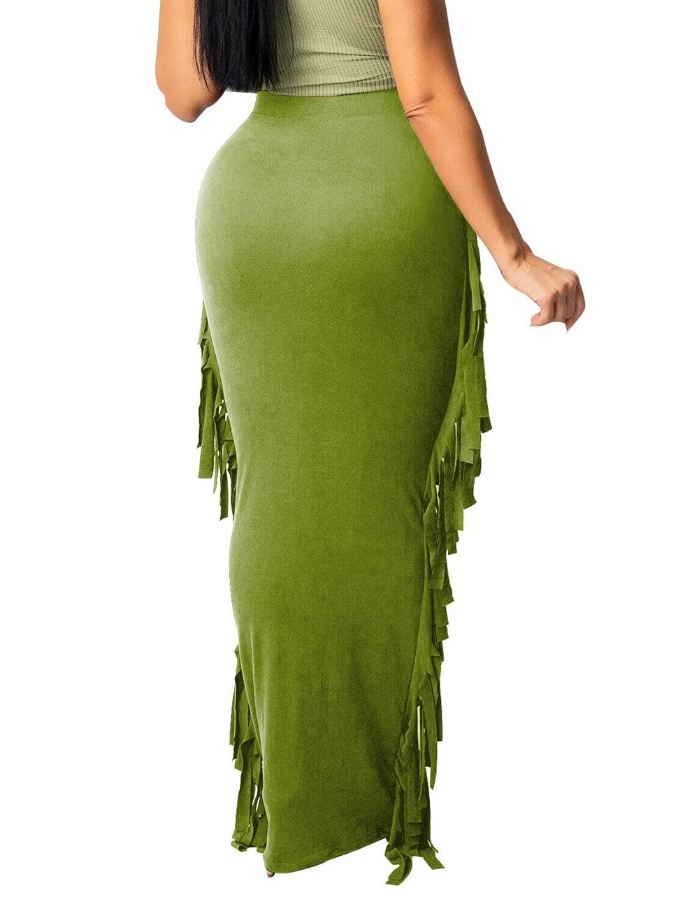 Lrady Women Fringe High Waist Bodycon Side Tassels Pencil Maxi Skirt Casual Party Club Long Skirts Black XXL