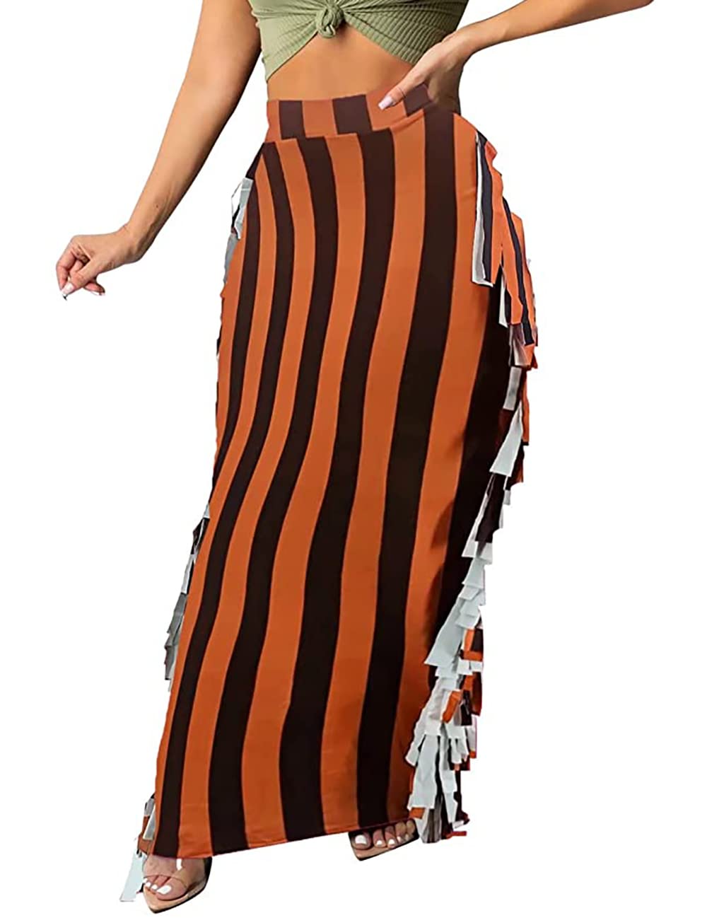 Lrady Women Fringe High Waist Bodycon Side Tassels Pencil Maxi Skirt Casual Party Club Long Skirts Black XXL