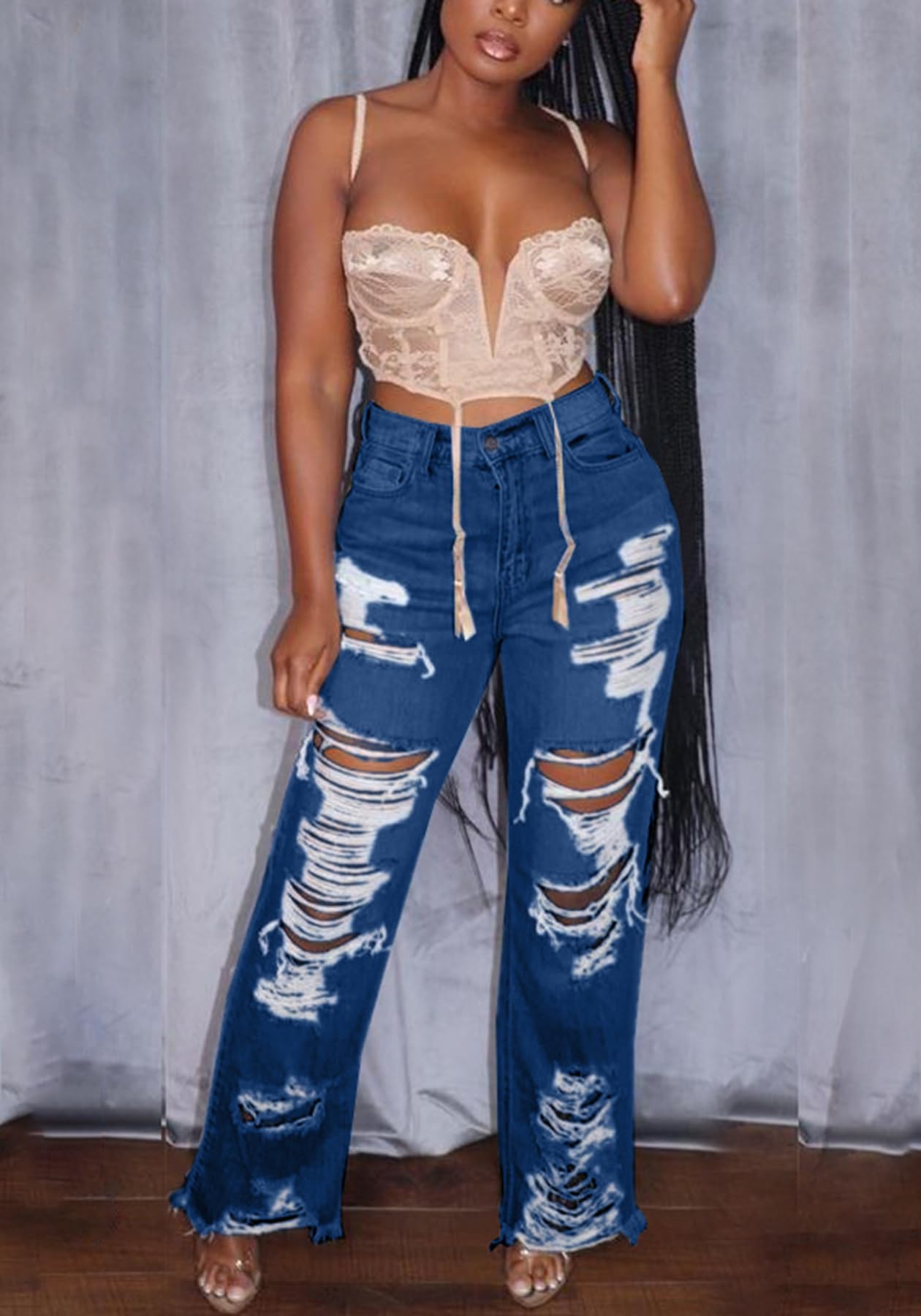SHINFY Women's Ripped Jeans Distressed Cutout High Waisted Baggy Straight Wide Leg Y2K Denim Pants Light Blue