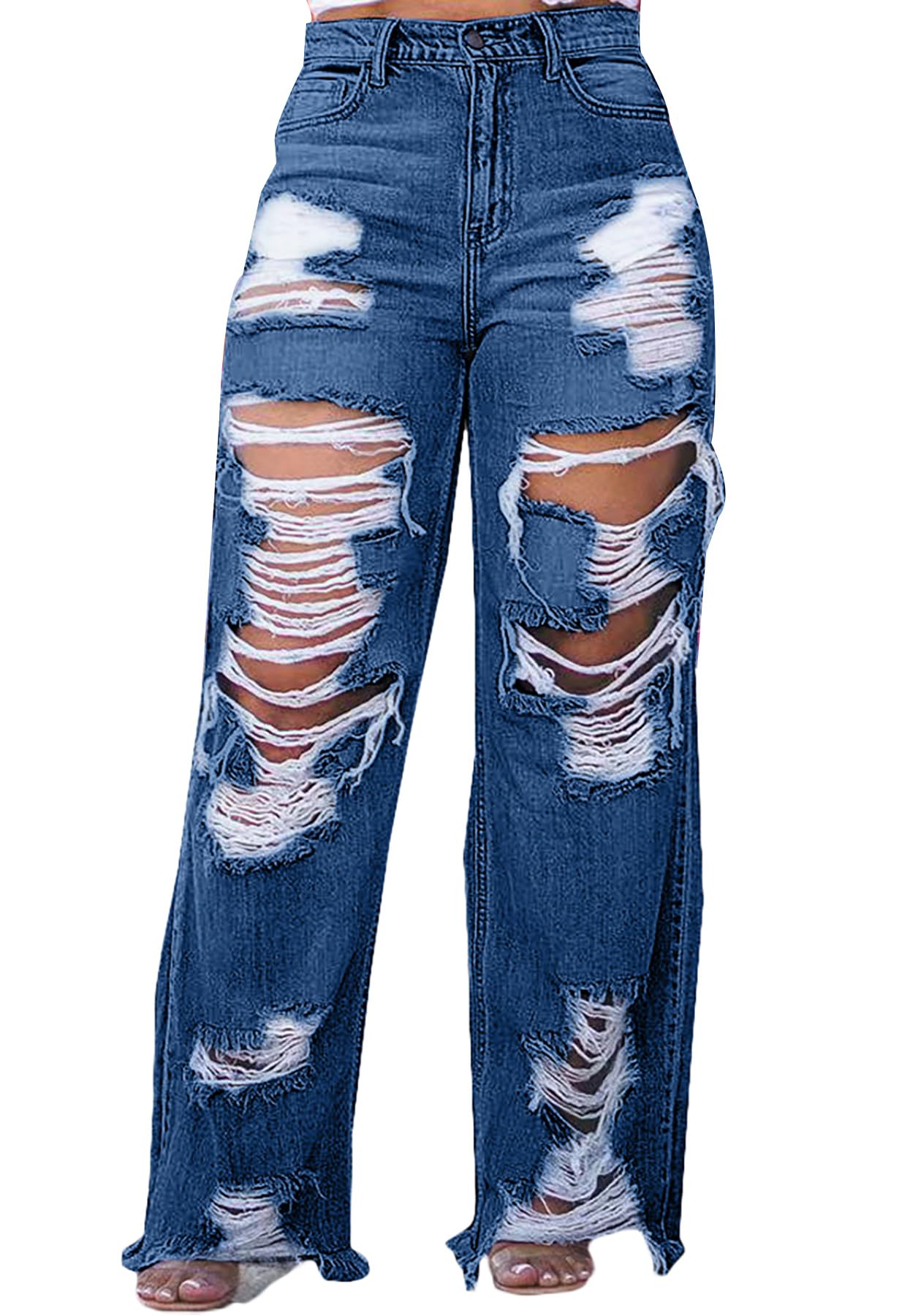 SHINFY Women's Ripped Jeans Distressed Cutout High Waisted Baggy Straight Wide Leg Y2K Denim Pants Light Blue