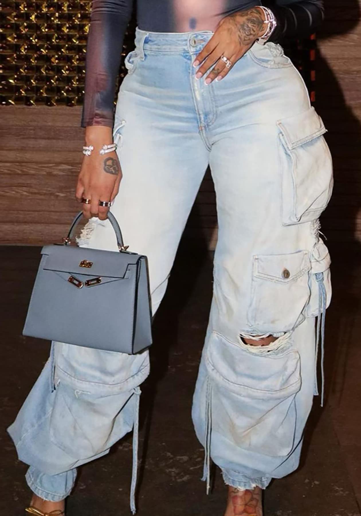 Lucuna Women's Cargo Pants Y2K High Waist Baggy Jeans Flap Pocket Loose Denim Pants Streetwear