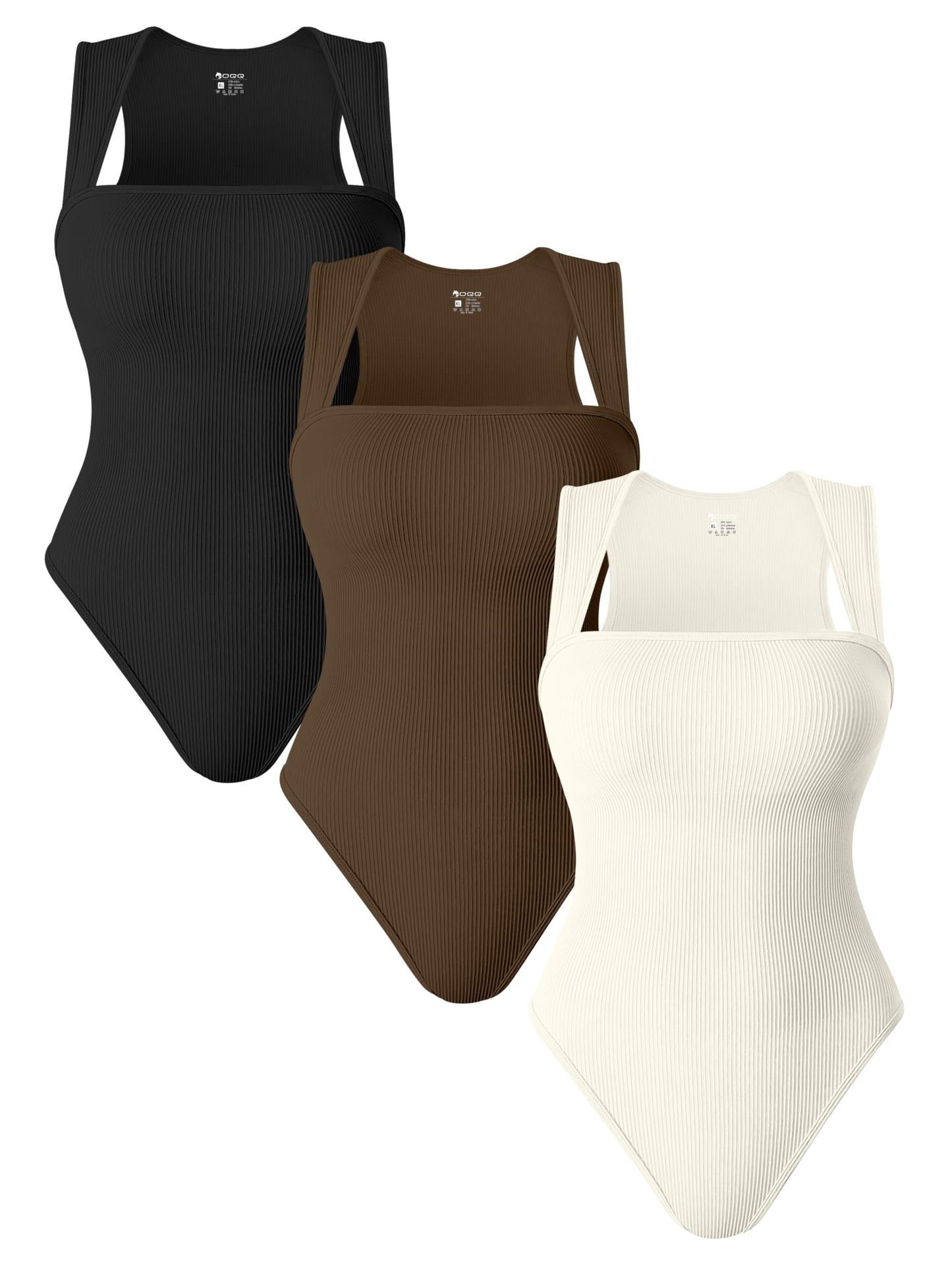 OQQ 3 Piece Bodysuits For Women Sexy Ribbed Strappy Square Neck Stretch Tank Tops Bodysuits Black Coffee White