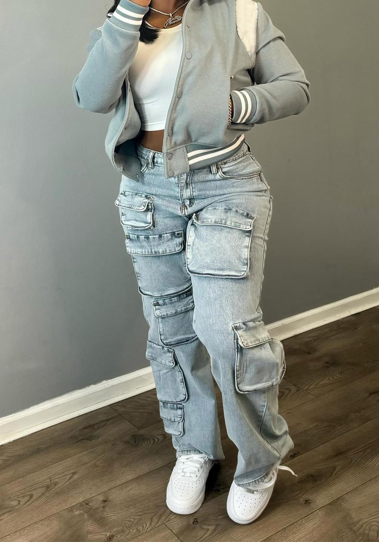 Lucuna Women's Cargo Pants Y2K High Waist Baggy Jeans Flap Pocket Loose Denim Pants Streetwear
