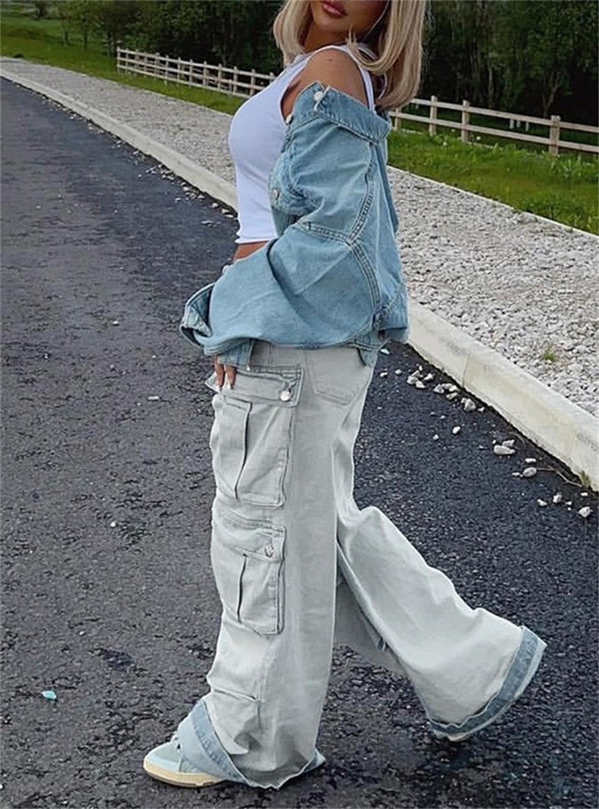 Lucuna Women's Cargo Pants Y2K High Waist Baggy Jeans Flap Pocket Loose Denim Pants Streetwear