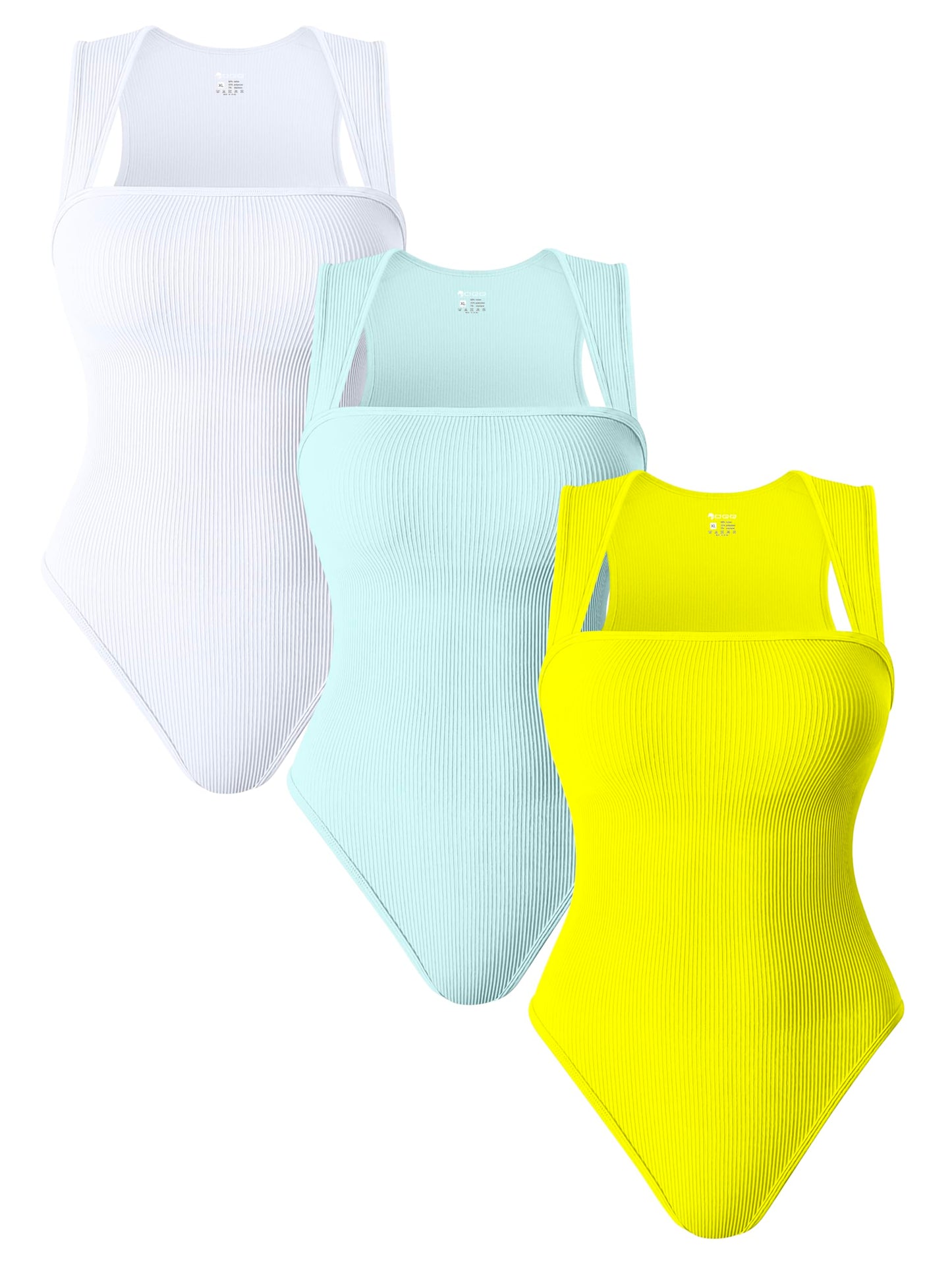 OQQ 3 Piece Bodysuits For Women Sexy Ribbed Strappy Square Neck Stretch Tank Tops Bodysuits Black Coffee White